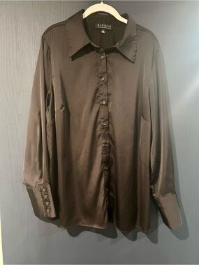 Eloquii Black Satin Button-Down Blouse
